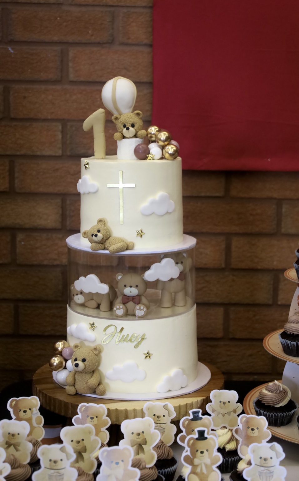 Tiered teddy bear christening cake