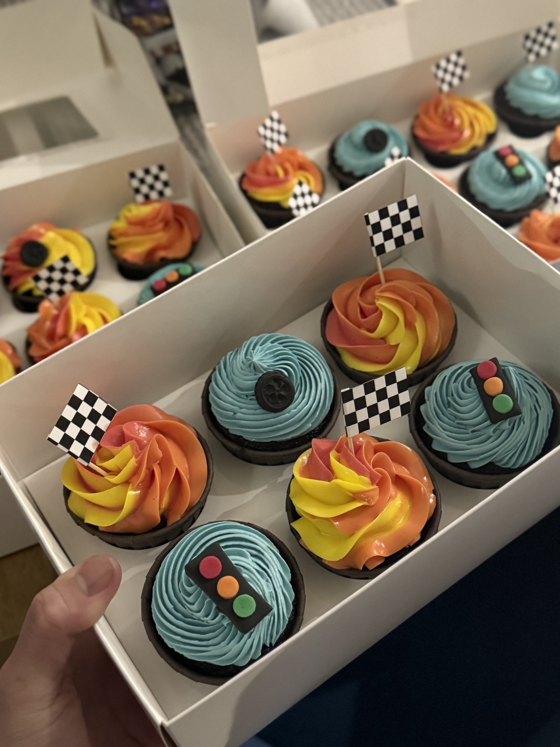Colourful racing-themed cupcakes